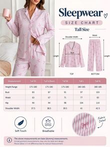SHEIN Tall TALL SIZE Women 2 Pcs Button Front With StripedBot Pattern Homewear Cute Sexy Pajama Set Sleep Pink And White Autumn - Pink - View 3