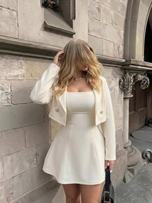 SHEIN MOD Plus Size Autumn/Winter Apricot Short Blazer Dress 2 Pieces Set, Elegant Daily Commute Outfit, Sister Gathering Outfit - Apricot - View 17