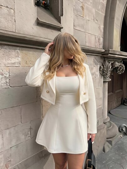 SHEIN MOD Plus Size Autumn/Winter Apricot Short Blazer Dress 2 Pieces Set, Elegant Daily Commute Outfit, Sister Gathering Outfit