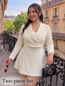 SHEIN MOD Plus Size Autumn/Winter Apricot Short Blazer Dress 2 Pieces Set, Elegant Daily Commute Outfit, Sister Gathering Outfit - Apricot - View 12