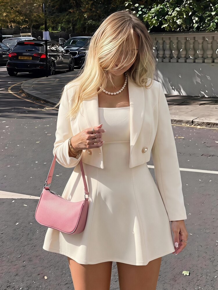 SHEIN MOD Plus Size Autumn/Winter Apricot Short Blazer Dress 2 Pieces Set, Elegant Daily Commute Outfit, Sister Gathering Outfit - Apricot - View 16