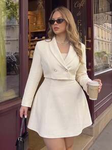 SHEIN MOD Plus Size Autumn/Winter Apricot Short Blazer Dress 2 Pieces Set, Elegant Daily Commute Outfit, Sister Gathering Outfit - Apricot - View 13