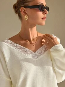 CLARA VERO طقم كنزة وتنورة بياقة على شكل حرف V مزينة بالدانتيل، قصة فضفاضة، مناسبة لليالي المواعدة، ياقة على شكل حرف V، ياقة مزينة بالدانتيل، حافة مزينة بالدانتيل - أبيض - مشاهدة 6