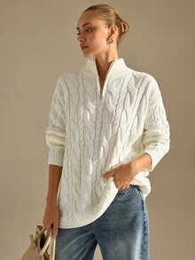 CLARA VERO Cream Half Zip Cable Knit Oversized Sweater, Loose Fit, Ideal For Layering On Casual Days - White - View 8