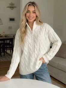 CLARA VERO Cream Half Zip Cable Knit Oversized Sweater, Loose Fit, Ideal For Layering On Casual Days - White - View 2