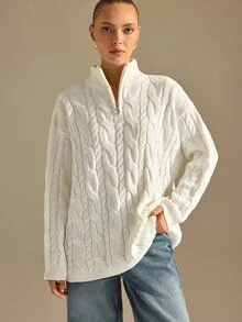 CLARA VERO Cream Half Zip Cable Knit Oversized Sweater, Loose Fit, Ideal For Layering On Casual Days - White - View 6