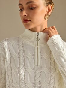 CLARA VERO Cream Half Zip Cable Knit Oversized Sweater, Loose Fit, Ideal For Layering On Casual Days - White - View 5