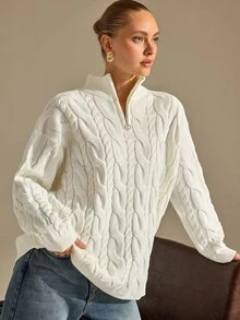 CLARA VERO Cream Half Zip Cable Knit Oversized Sweater, Loose Fit, Ideal For Layering On Casual Days - White - View 9