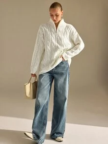 CLARA VERO Cream Half Zip Cable Knit Oversized Sweater, Loose Fit, Ideal For Layering On Casual Days - White - View 7