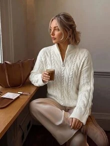 CLARA VERO Cream Half Zip Cable Knit Oversized Sweater, Loose Fit, Ideal For Layering On Casual Days - White - View 10