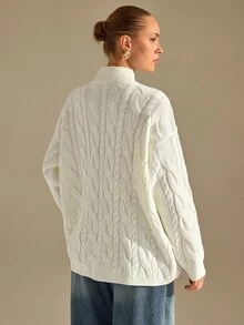 CLARA VERO Cream Half Zip Cable Knit Oversized Sweater, Loose Fit, Ideal For Layering On Casual Days - White - View 4