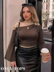 SHEIN MOD Plus Size Brown Asymmetrical Shoulder Bell Sleeve T-Shirt, Elegant Versatile Top, Daily Commute Outfit - Brown - View 13