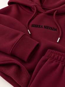 SHEIN Tall Cotton Letter Embroidery Drop Shoulder Drawstring Hoodie & Sweatpants - Burgundy - View 7