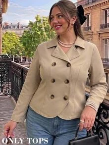 SHEIN MOD Jaket Kasual Lengan Panjang Kancing Ganda Warna Polos untuk Wanita Ukuran Besar - Khaki - View 10