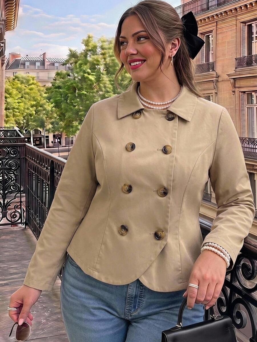 SHEIN MOD Jaket Kasual Lengan Panjang Kancing Ganda Warna Polos untuk Wanita Ukuran Besar - Khaki - View 1