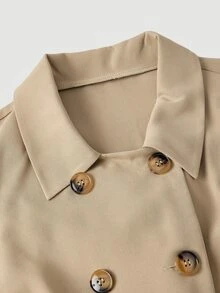 SHEIN MOD Jaket Kasual Lengan Panjang Kancing Ganda Warna Polos untuk Wanita Ukuran Besar - Khaki - View 5