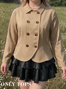SHEIN MOD Jaket Kasual Lengan Panjang Kancing Ganda Warna Polos untuk Wanita Ukuran Besar - Khaki - View 8