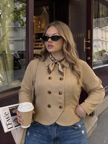 SHEIN MOD Jaket Kasual Lengan Panjang Kancing Ganda Warna Polos untuk Wanita Ukuran Besar - Khaki - View 11