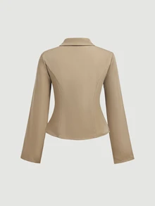 SHEIN MOD Jaket Kasual Lengan Panjang Kancing Ganda Warna Polos untuk Wanita Ukuran Besar - Khaki - View 2