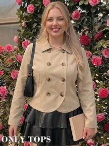 SHEIN MOD Jaket Kasual Lengan Panjang Kancing Ganda Warna Polos untuk Wanita Ukuran Besar - Khaki - View 9