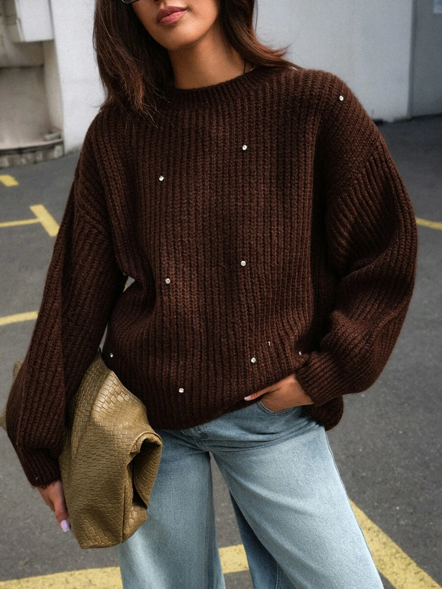 Trelyra Elegant Casual Chic Solid Rib-Knit Round Neck Sweater With Premium Rhinestone Detail Brunch Dark Brown Winter Office