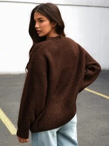 Trelyra Elegant Casual Chic Solid Rib-Knit Round Neck Sweater With Premium Rhinestone Detail Brunch Dark Brown Winter Office - Brown - View 3