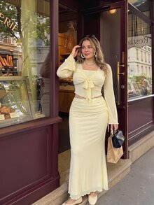 SHEIN MOD Plus Size Women Solid Color Front Knot Bell Sleeve Top And Mermaid Skirt Elegant 2 Pieces Set Fall - Yellow - View 5