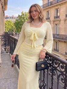 SHEIN MOD Plus Size Women Solid Color Front Knot Bell Sleeve Top And Mermaid Skirt Elegant 2 Pieces Set Fall - Yellow - View 3