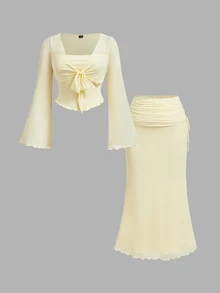 SHEIN MOD Plus Size Women Solid Color Front Knot Bell Sleeve Top And Mermaid Skirt Elegant 2 Pieces Set Fall - Yellow - View 15