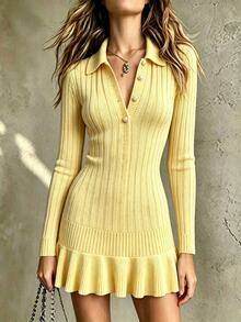 SHEIN PariChic Women's Knitted Pearl Button Ribbed Pale Yellow Mini Dress, Long Sleeve Slim Fit Pleated Summer/ Knit Sweater Dress, Back To School Polo Shirt Set - Light Yellow - View 2