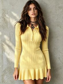 SHEIN PariChic Women's Knitted Pearl Button Ribbed Pale Yellow Mini Dress, Long Sleeve Slim Fit Pleated Summer/ Knit Sweater Dress, Back To School Polo Shirt Set - Light Yellow - View 6