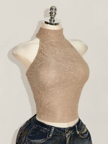 SHEIN ICON Women's Solid Color Fitted Versatile Daily Wear Halter Neck Top - Khaki - View 4