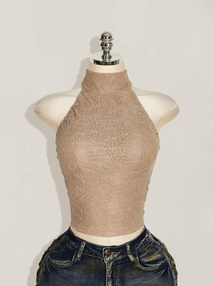 SHEIN ICON Women's Solid Color Fitted Versatile Daily Wear Halter Neck Top - Khaki - View 1