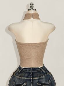 SHEIN ICON Women's Solid Color Fitted Versatile Daily Wear Halter Neck Top - Khaki - View 2