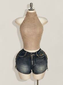 SHEIN ICON Women's Solid Color Fitted Versatile Daily Wear Halter Neck Top - Khaki - View 3