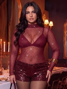 SHEIN BAE CURVE Plus Size Summer Solid Burgundy Long Sleeve Mock Neck Rhinestone Embellished Shiny Bodysuit Party Club Night Out Sexy,New Year,Thanksgiving,Christmas, - Burgundy - View 1