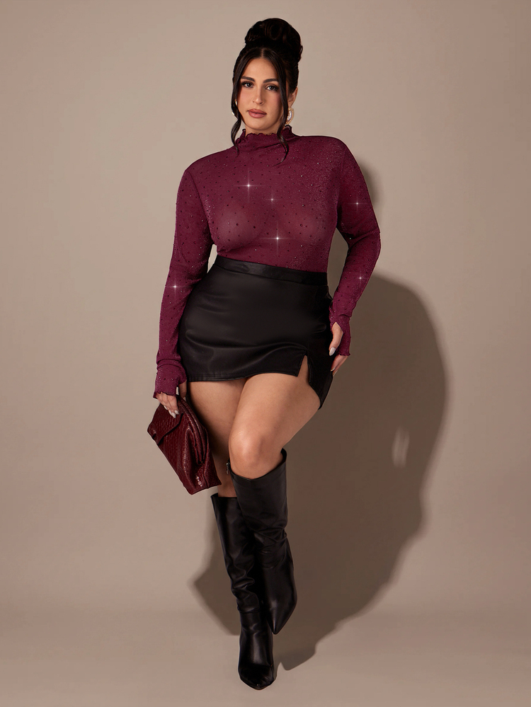 SHEIN BAE CURVE Plus Size Women's Burgundy Rhinestone Semi-Sheer Mesh Long Sleeve Bodysuit - Burgundy - View 5