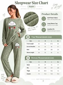 SHEIN Green Fuzzy Plush Cloud & Star Embroidery Long Sleeve Homewear Pajama Set - Green - View 4