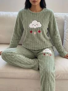 SHEIN Green Fuzzy Plush Cloud & Star Embroidery Long Sleeve Homewear Pajama Set - Green - View 2