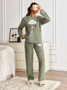 SHEIN Green Fuzzy Plush Cloud & Star Embroidery Long Sleeve Homewear Pajama Set - Green - View 6