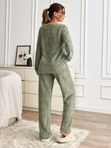 SHEIN Green Fuzzy Plush Cloud & Star Embroidery Long Sleeve Homewear Pajama Set - Green - View 3