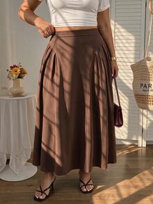 SHEIN MOD Plus Size Brown Pleated Split Long Umbrella Skirt, Elegant Intellectual Style, Daily Commute Outfit Fall - Brown - View 1