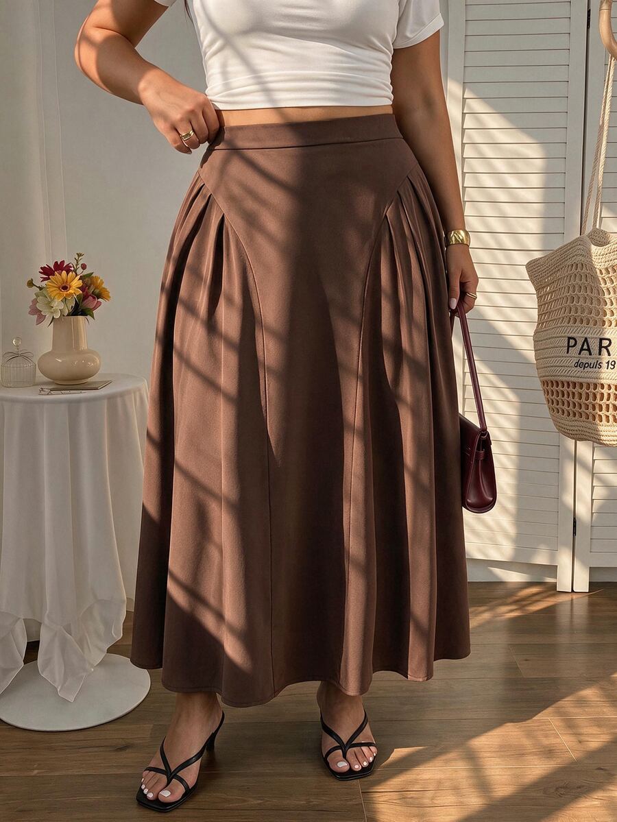 SHEIN MOD Plus Size Brown Pleated Split Long Umbrella Skirt, Elegant Intellectual Style, Daily Commute Outfit Fall - Brown - View 1