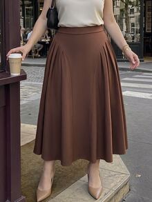 SHEIN MOD Plus Size Brown Pleated Split Long Umbrella Skirt, Elegant Intellectual Style, Daily Commute Outfit Fall - Brown - View 6