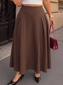 SHEIN MOD Plus Size Brown Pleated Split Long Umbrella Skirt, Elegant Intellectual Style, Daily Commute Outfit Fall - Brown - View 5