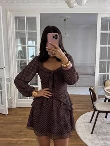 Serisse Gaun Elegan Wanita Motif Polkadot Lengan Panjang dengan Ikatan Depan dan Ruffle, Gaun Formal Mewah Elegan untuk Musim Gugur/Musim Dingin, Gaun Bisnis Chic Dasar untuk Natal - MultiWarna - View 3