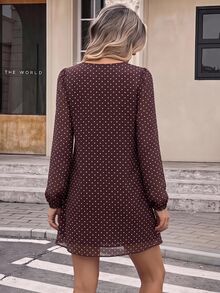 Serisse Gaun Elegan Wanita Motif Polkadot Lengan Panjang dengan Ikatan Depan dan Ruffle, Gaun Formal Mewah Elegan untuk Musim Gugur/Musim Dingin, Gaun Bisnis Chic Dasar untuk Natal - MultiWarna - View 2