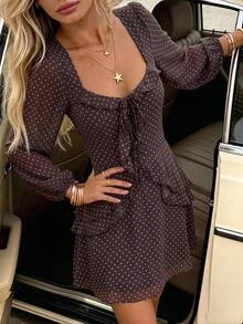 Serisse Gaun Elegan Wanita Motif Polkadot Lengan Panjang dengan Ikatan Depan dan Ruffle, Gaun Formal Mewah Elegan untuk Musim Gugur/Musim Dingin, Gaun Bisnis Chic Dasar untuk Natal - MultiWarna - View 4