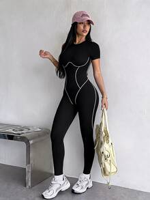 SHEIN Sports Women's Colorblock Flare Leg Casual Daily Wear Sports Jumpsuit - Black - View 1
