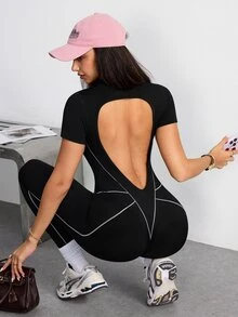SHEIN Sports Women's Colorblock Flare Leg Casual Daily Wear Sports Jumpsuit - Black - View 4